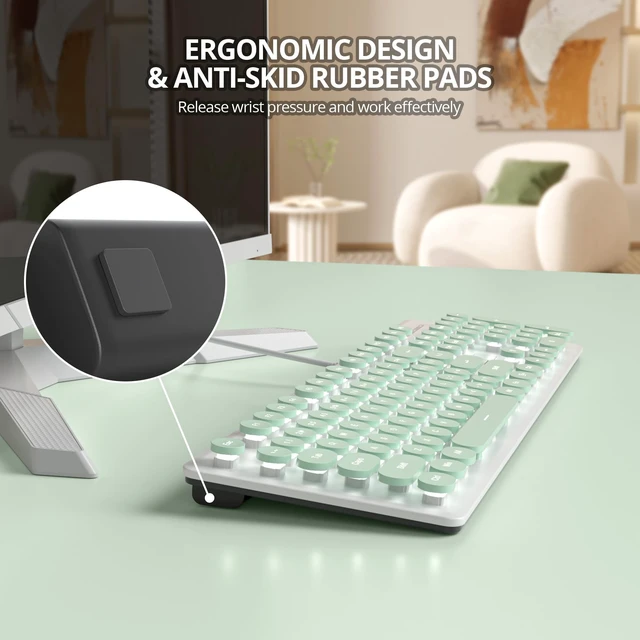 Alt view image 4 of 5 - Vumilstek Wired Retro Typewriter Keyboard, Quiet Computer Keyboard Light up with Full Size 104 Round Keys White LED Backlit Slim Silent for Windows PC Laptop(Green)