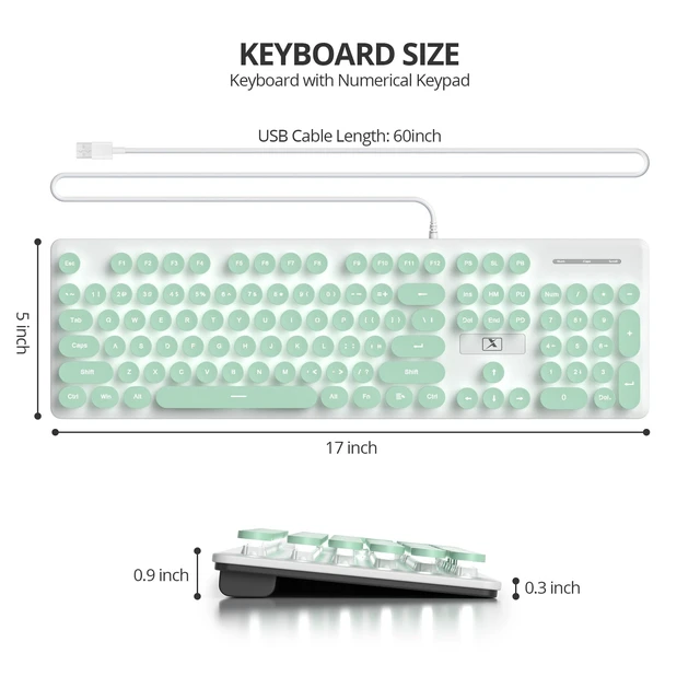 Alt view image 5 of 5 - Vumilstek Wired Retro Typewriter Keyboard, Quiet Computer Keyboard Light up with Full Size 104 Round Keys White LED Backlit Slim Silent for Windows PC Laptop(Green)