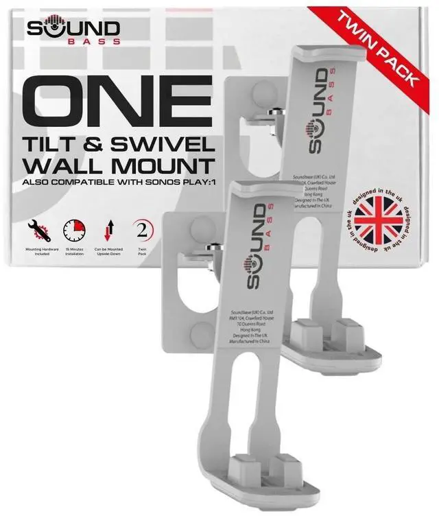 Main image of Sound Bass 2 x ONE, ONE SL, Play:1 Wall Mount Bracket - Twin Pack - White - Compatible with Sonos ONE, ONESL & Play:1 (Pair, Double Pack)