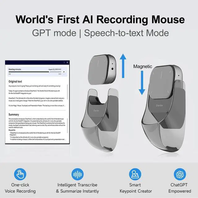 Alt view image 3 of 5 - OIKKEI 2026 Upgraded Smart AI Mouse for ChatGPT & Meeting Notes - 6-in-1 Wireless Touchpad, Air Mouse & Presentation Clicker with Instant Summaries
