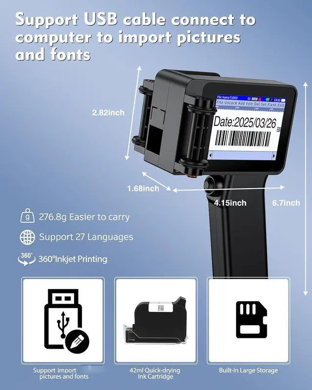 Alt view image 5 of 6 - Handheld Inkjet Printer, Batch Code Printer for QRCode Time Picture Number, Small Date Printer with 42ml Fast Drying Ink Cartridge for Many Materials Inkjet Coder Print Height 0.08-0.5Inch