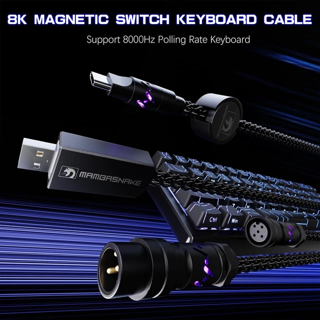 Alt view image 3 of 6 - MAMBASNAKE C07 Custom USB C Keyboard Cable with RGB Lighting for 8KHz Magnetic Keyboard, Single Crystal Copper Braided Charging Cable USB A to Type C, 5-Pin CNC Aviation Connector,Black