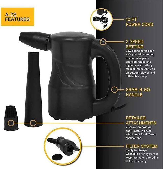 Alt view image 3 of 5 - XPOWER A-2S Cyber Duster Electric Air Duster for Dusting, Drying, Inflating, Blowing, Car Detailing, Computer, Leaf Blowing, 90 CFM, 2 Nozzles + 1 Brush, High Performance Motor, Eco-Friendly, Black