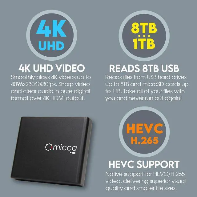 Alt view image 4 of 7 - Micca 4K Ultra-HD USB and microSD Media Player, 4K HDMI, Digital Signage | Plays H.265/HEVC H.264/AVC MP4 MKV Videos MP3 Music JPG Photos, Reads 8TB Drives, Autoplay, Looping, Resume, Analog AV