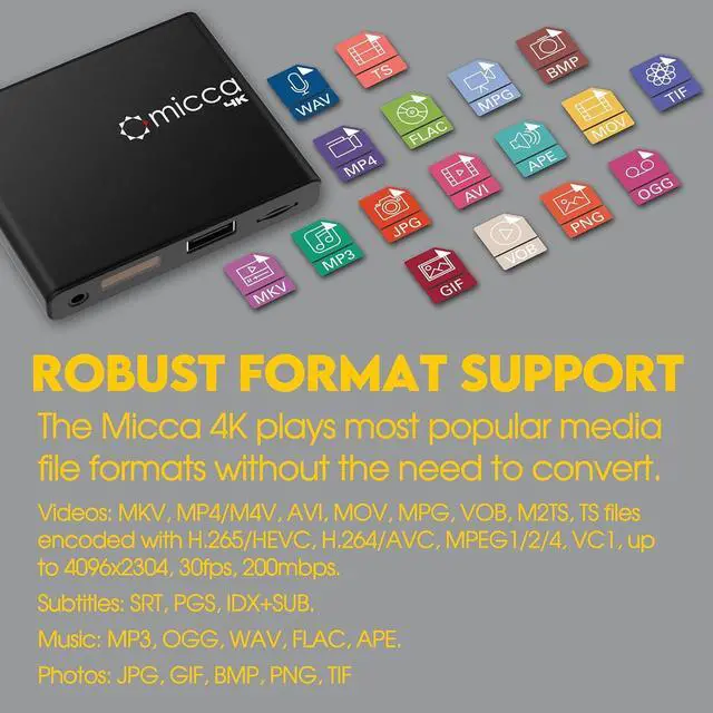 Alt view image 5 of 7 - Micca 4K Ultra-HD USB and microSD Media Player, 4K HDMI, Digital Signage | Plays H.265/HEVC H.264/AVC MP4 MKV Videos MP3 Music JPG Photos, Reads 8TB Drives, Autoplay, Looping, Resume, Analog AV