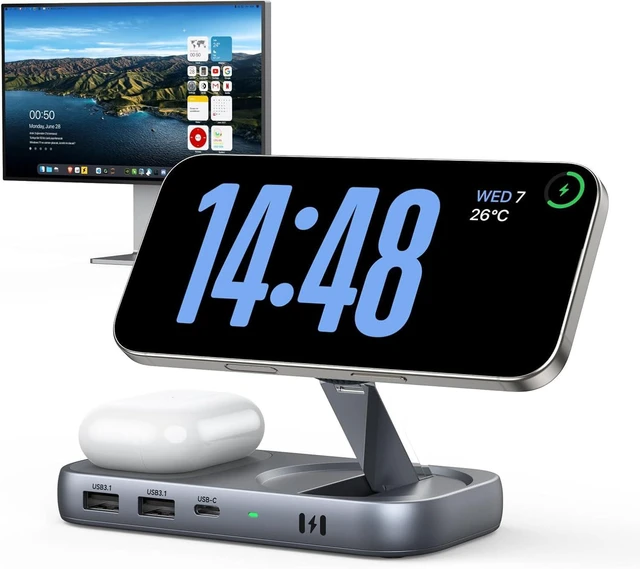 Main image of Selore USB C Hub with Wireless Charging for MacBook: 4K@60Hz HDMI 100W PD 15W Qi2 + 5W Wireless 10Gbps Ports iPhone Mirroring Docking Station & Magsafe Stand Space-Saving Desk Organizer