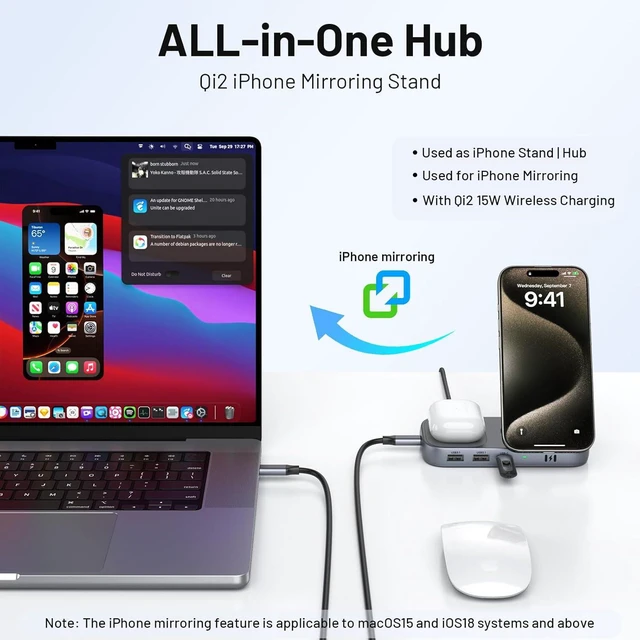 Alt view image 2 of 7 - Selore USB C Hub with Wireless Charging for MacBook: 4K@60Hz HDMI 100W PD 15W Qi2 + 5W Wireless 10Gbps Ports iPhone Mirroring Docking Station & Magsafe Stand Space-Saving Desk Organizer