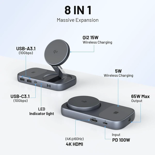 Alt view image 4 of 7 - Selore USB C Hub with Wireless Charging for MacBook: 4K@60Hz HDMI 100W PD 15W Qi2 + 5W Wireless 10Gbps Ports iPhone Mirroring Docking Station & Magsafe Stand Space-Saving Desk Organizer