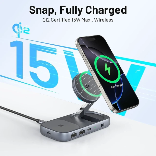 Alt view image 6 of 7 - Selore USB C Hub with Wireless Charging for MacBook: 4K@60Hz HDMI 100W PD 15W Qi2 + 5W Wireless 10Gbps Ports iPhone Mirroring Docking Station & Magsafe Stand Space-Saving Desk Organizer