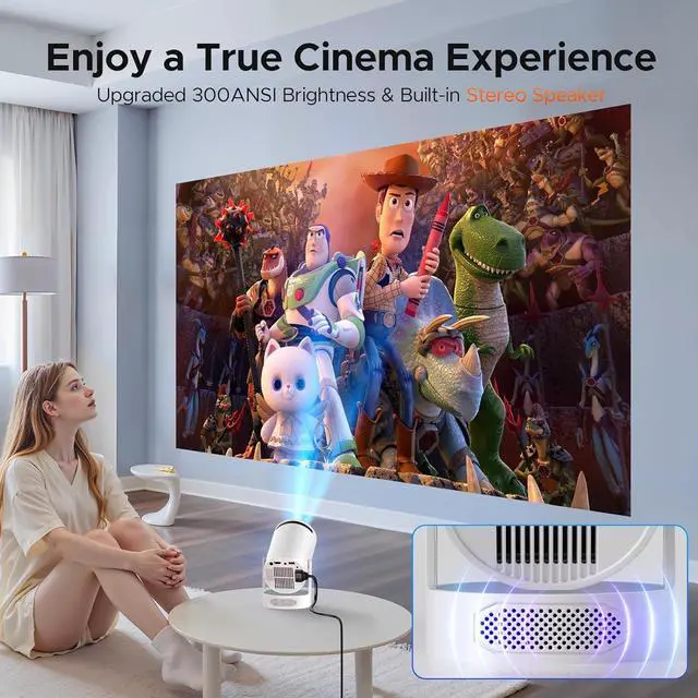 Alt view image 2 of 6 - Mini Projector with WiFi and Bluetooth, 4K Support Portable Movie Projector, 300 ANSI Lumen, Android 11, 220° Rotating Stand, 5W Base Speaker, Auto Vertical Keystone, HDMI/USB Compatible for Bedroom