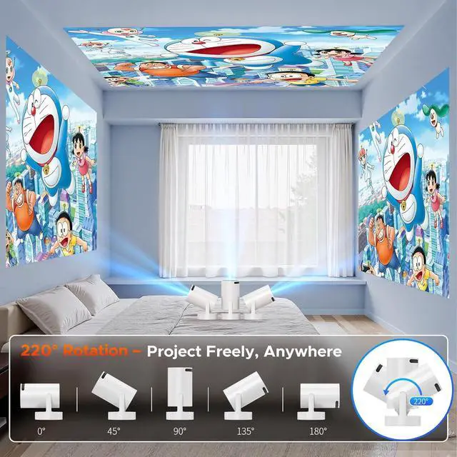 Alt view image 4 of 6 - Mini Projector with WiFi and Bluetooth, 4K Support Portable Movie Projector, 300 ANSI Lumen, Android 11, 220° Rotating Stand, 5W Base Speaker, Auto Vertical Keystone, HDMI/USB Compatible for Bedroom