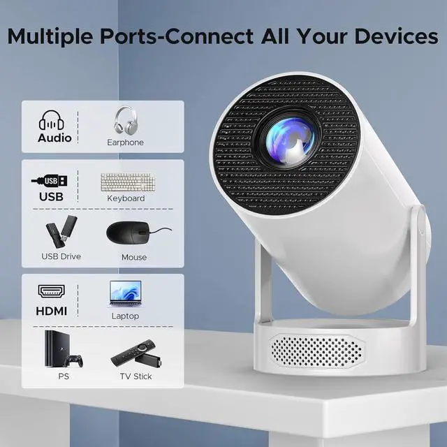 Alt view image 5 of 6 - Mini Projector with WiFi and Bluetooth, 4K Support Portable Movie Projector, 300 ANSI Lumen, Android 11, 220° Rotating Stand, 5W Base Speaker, Auto Vertical Keystone, HDMI/USB Compatible for Bedroom