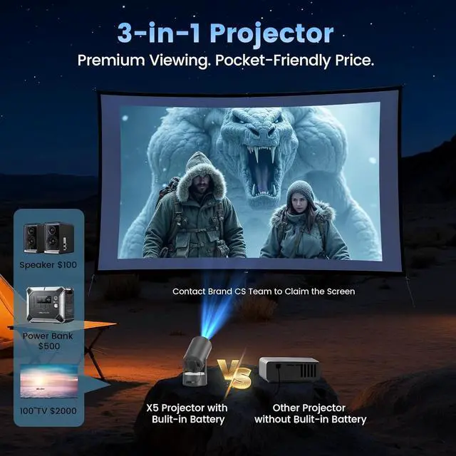 Alt view image 2 of 7 - Projector with WiFi and Bluetooth, Mini Portable Projector with Built-in Rechargeable Battery for Outdoor, 1080P Supported, Electric Focus & Auto Keystone, Home Theater with 210° Mount
