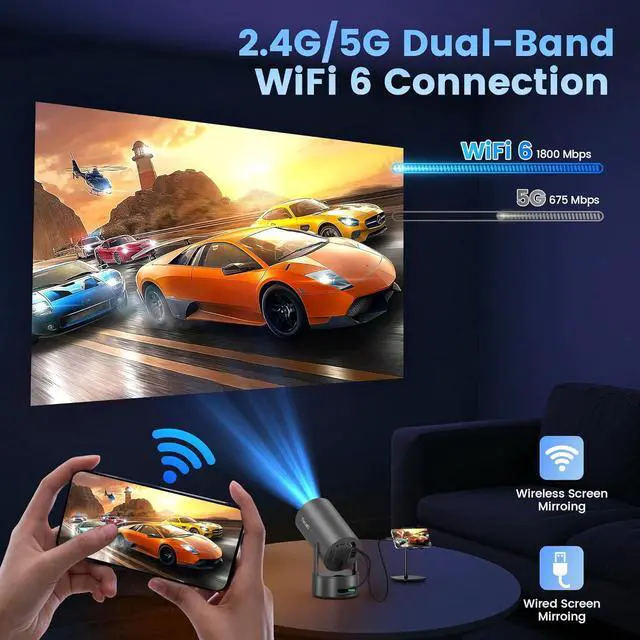 Alt view image 4 of 7 - Projector with WiFi and Bluetooth, Mini Portable Projector with Built-in Rechargeable Battery for Outdoor, 1080P Supported, Electric Focus & Auto Keystone, Home Theater with 210° Mount