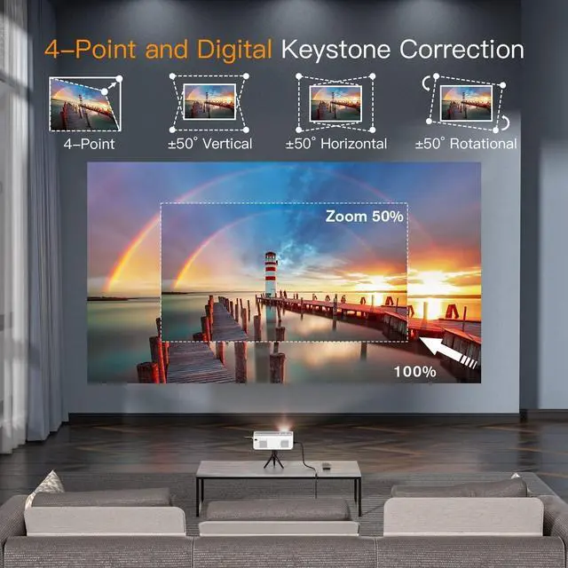 Alt view image 5 of 7 - Auking 2000ANSI 4K Outdoor Projector with WiFi and Bluetooth, 6D/4P Keystone, 50% Zoom, 300" Movie Projector for Laptop/HDMI/USB/TV Box/Android/iOS
