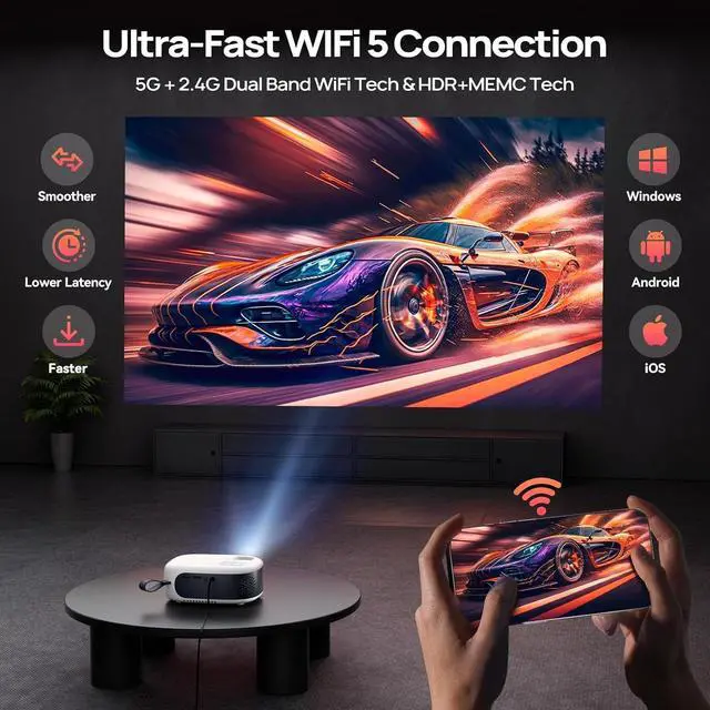 Alt view image 3 of 7 - Mini Projector with WiFi and Bluetooth, Full HD 1080P, 4K Supported Portable Projector, Small Movie Projector for Home & Outdoor, Wireless Screen Mirroring for iPhone/Android/PC/TV Stick,16000 Lumens