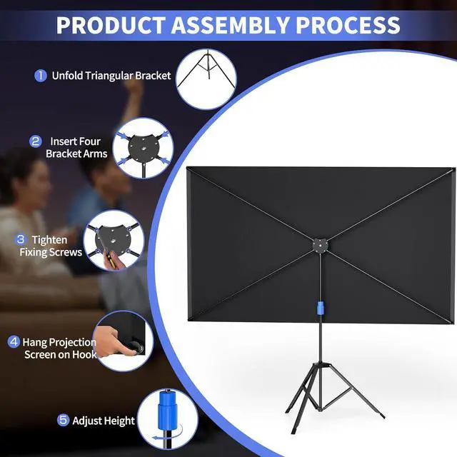 Alt view image 5 of 7 - WASJOYE 80" Proiector Screen with Stand - 16:9 4K HD Portable Proiector Screen, 1.2 Gain Indoor Projector Screen, Easy Setup and Carrying, for Home Cinema, Backyard Party Office TV Game