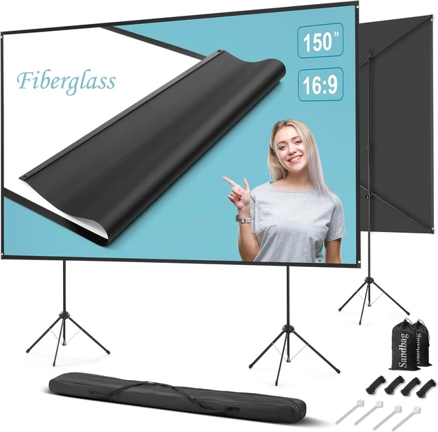 Main image of Outdoor Projector Screen with Stand 150 inch 16:9, Portable Projector Screen, 1.5 High Gain Fiberglass, Sturdy Backing, Wind-Resistant Movie Screen, Tripod/Wall Mounted, for Home Cinema/Backyard Party