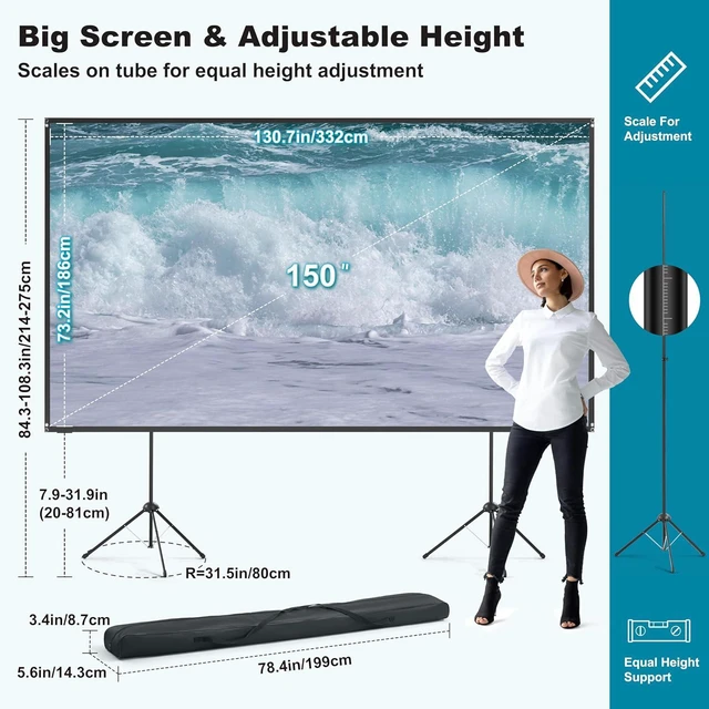 Alt view image 2 of 6 - Outdoor Projector Screen with Stand 150 inch 16:9, Portable Projector Screen, 1.5 High Gain Fiberglass, Sturdy Backing, Wind-Resistant Movie Screen, Tripod/Wall Mounted, for Home Cinema/Backyard Party