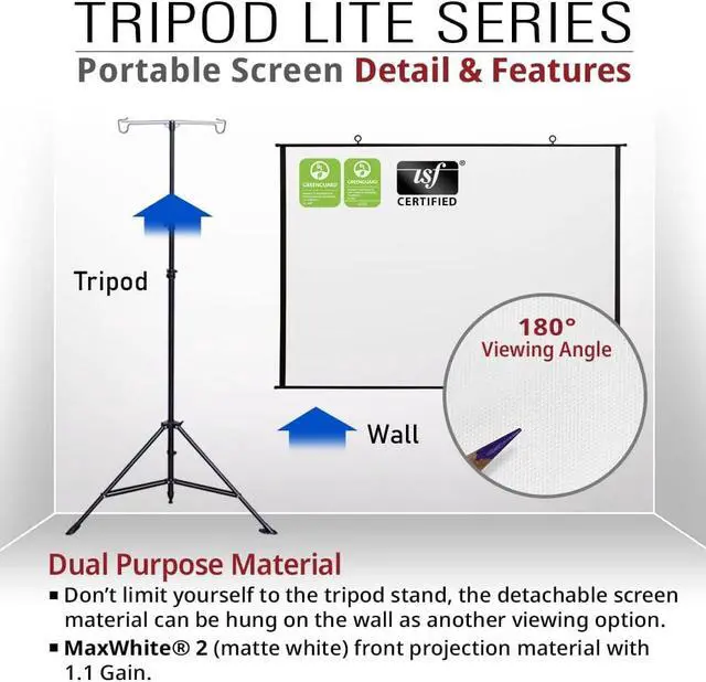 Alt view image 5 of 7 - Akia Screens 2-in-1 96" Portable Projector Screen with Stand & Carry Bag, Tripod or Wall Mount, 1:1/4:3/16:9/16:10 Compatible, MaxWhite Matte Surface, Indoor Outdoor Use, AK-T96SLITE Black