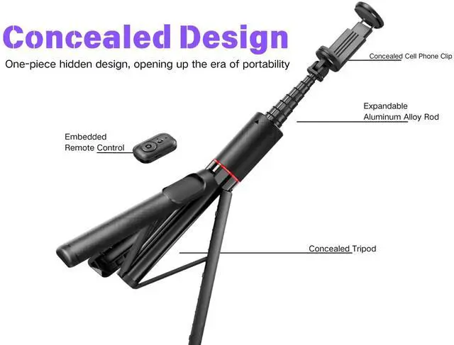 Alt view image 3 of 7 - 53" Hidden Selfie Stick Tripod | 0.6lbs Compact Anti-Slip | Bluetooth Remote for iPhone & Samsung Galaxy | Travel Vlogging