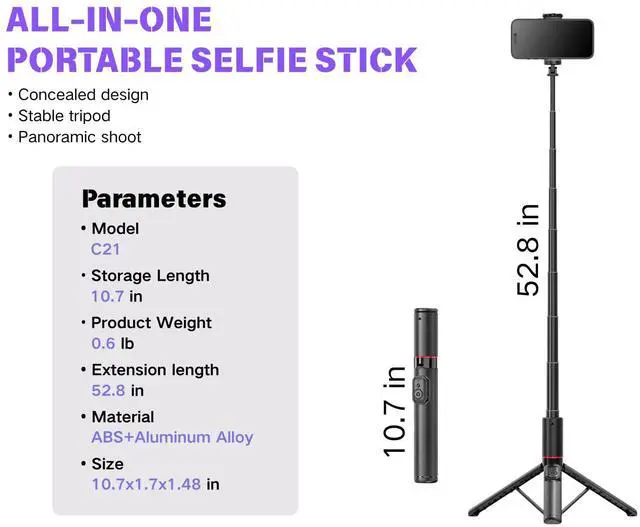 Alt view image 4 of 7 - 53" Hidden Selfie Stick Tripod | 0.6lbs Compact Anti-Slip | Bluetooth Remote for iPhone & Samsung Galaxy | Travel Vlogging