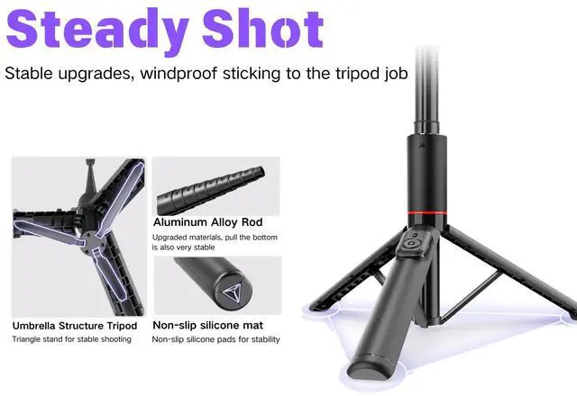 Alt view image 5 of 7 - 53" Hidden Selfie Stick Tripod | 0.6lbs Compact Anti-Slip | Bluetooth Remote for iPhone & Samsung Galaxy | Travel Vlogging