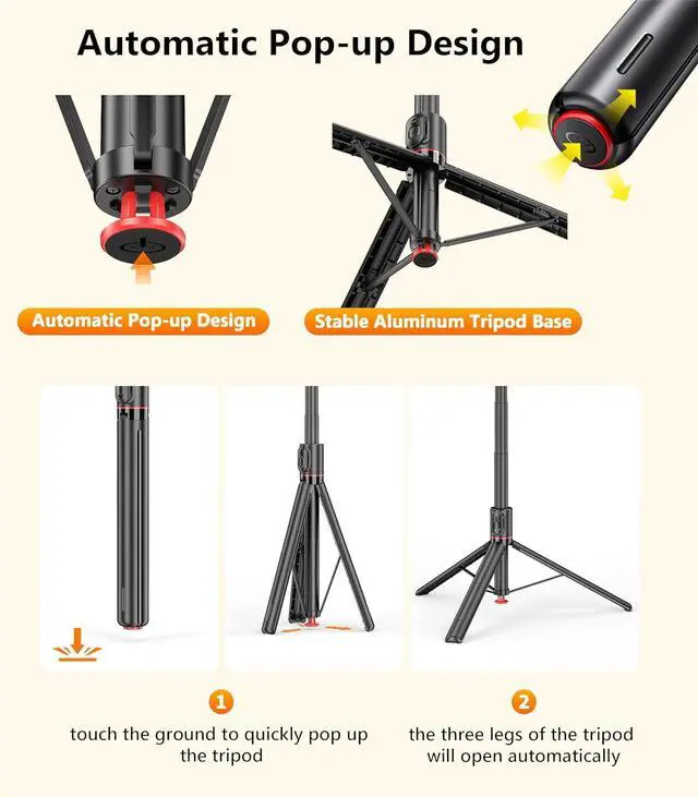 Alt view image 2 of 7 - PEUJTEO,69" Auto-Pop-up Selfie Stick Tripod, TT03,All-in-1 Aluminum Celly Phone Selfie Stick for iPhone/Android with Remote,Travel Tripod,Video Recording, Vlogging, Live Streaming(Black)