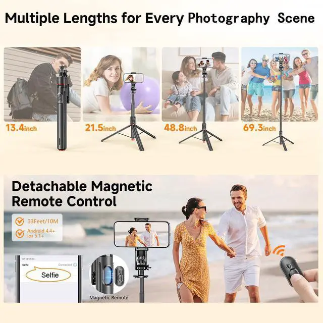 Alt view image 4 of 7 - PEUJTEO,69" Auto-Pop-up Selfie Stick Tripod, TT03,All-in-1 Aluminum Celly Phone Selfie Stick for iPhone/Android with Remote,Travel Tripod,Video Recording, Vlogging, Live Streaming(Black)