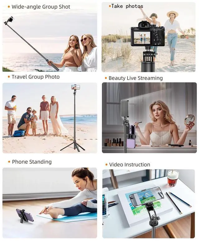 Alt view image 7 of 7 - PEUJTEO,69" Auto-Pop-up Selfie Stick Tripod, TT03,All-in-1 Aluminum Celly Phone Selfie Stick for iPhone/Android with Remote,Travel Tripod,Video Recording, Vlogging, Live Streaming(Black)