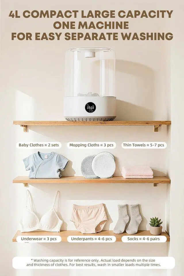 Alt view image 2 of 7 - 4L Portable Mini Washer, Rechargeable Cordless Compact Washing Machine for Underwear, Baby Clothes, Pet Garments, Ideal for Singles, Dorms, Apartments, RV, USB Charging