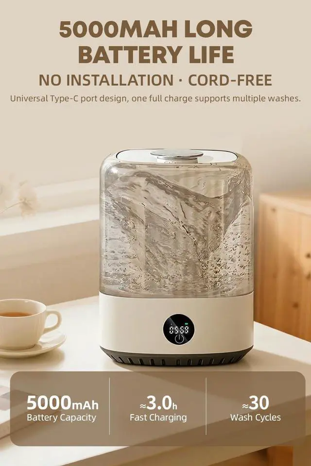 Alt view image 5 of 7 - 4L Portable Mini Washer, Rechargeable Cordless Compact Washing Machine for Underwear, Baby Clothes, Pet Garments, Ideal for Singles, Dorms, Apartments, RV, USB Charging