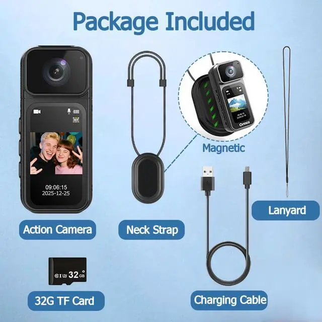 Alt view image 6 of 7 - ormos Action Camera, 2.7K Resolution, Wi-Fi Connectivity, 180° Rotating Wide-Angle Lens, Magnetic & Wearable Design, Ultra Lightweight, Includes 32GB TF Card