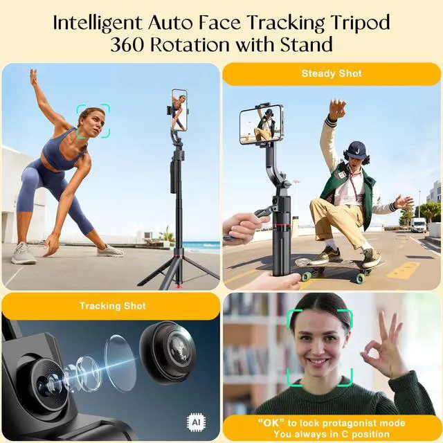 Alt view image 2 of 7 - BRDOOGU Phone Tripod with Light & Bluetooth Remote, 69.3" Auto Face Tracking Tripod 360° Rotatable One-Touch Open, Extendable Stand for iPhone Android, for Vlogging, Live Streaming, YouTube TikTok