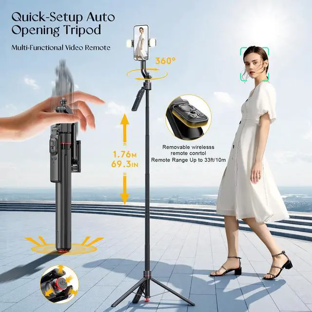 Alt view image 3 of 7 - BRDOOGU Phone Tripod with Light & Bluetooth Remote, 69.3" Auto Face Tracking Tripod 360° Rotatable One-Touch Open, Extendable Stand for iPhone Android, for Vlogging, Live Streaming, YouTube TikTok