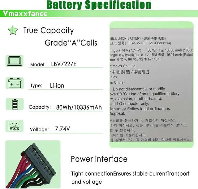 Alt view image 2 of 7 - LBV7227E Laptop Battery Replacement for LG Gram 17Z90N 15Z90N Gram 16 2-in-1 16T90P 16Z90P 16Z90PG 16Z90PC 17Z90P 16ZD90P Series 80Wh 7.74V 10336mAh