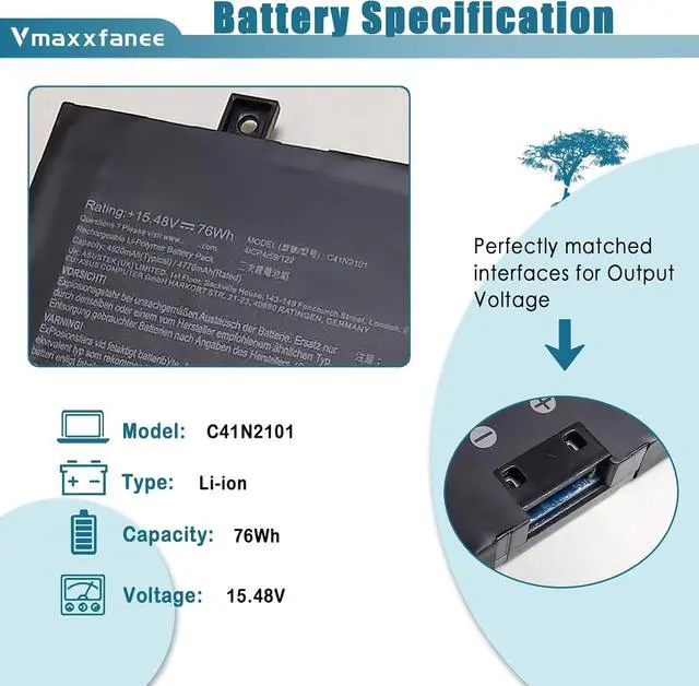 Alt view image 2 of 7 - C41N2101 Laptop Battery Replacement for Asus ROG Zephyrus G14 GA402 GA402R GA402RJ TUF Dash F15 FX517 Zenbook Pro 14 UM6702RA Duo VivoBook Pro 15X OLED K6501ZM Series 0B200-04110100