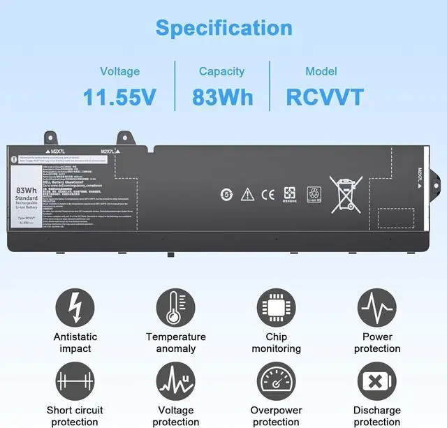 Alt view image 2 of 6 - RCVVT 11.55V 83Wh Laptop Battery Replacement for Dell Precision Fit for 7670 7680 7770 7780 Series Notebook X9FTM T6PFX 451-BCYH 0X26RT X26RT 0NWDC0 NWDC0