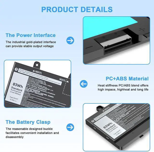 Alt view image 3 of 6 - RCVVT 11.55V 83Wh Laptop Battery Replacement for Dell Precision Fit for 7670 7680 7770 7780 Series Notebook X9FTM T6PFX 451-BCYH 0X26RT X26RT 0NWDC0 NWDC0