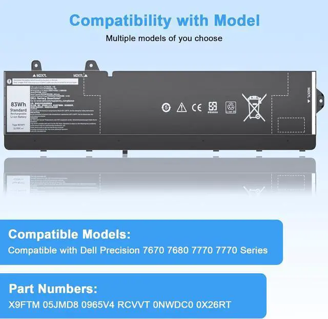 Alt view image 4 of 6 - RCVVT 11.55V 83Wh Laptop Battery Replacement for Dell Precision Fit for 7670 7680 7770 7780 Series Notebook X9FTM T6PFX 451-BCYH 0X26RT X26RT 0NWDC0 NWDC0
