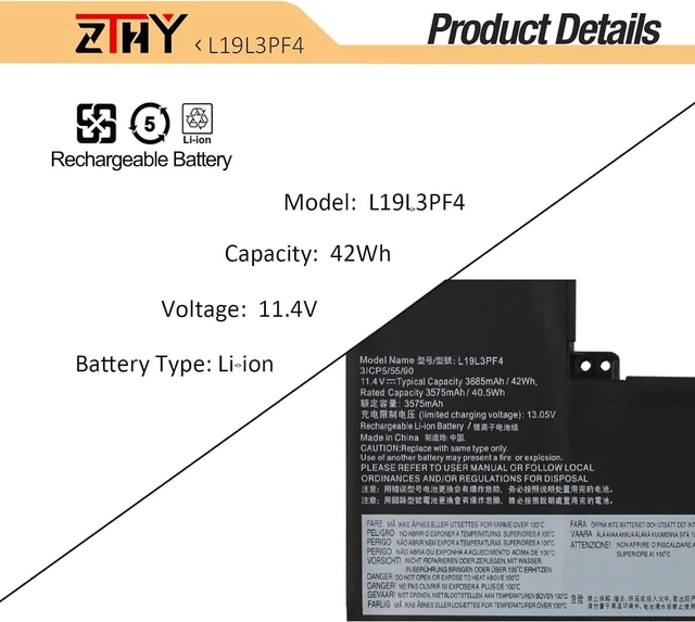 Alt view image 3 of 7 - ZTHY 42Wh L19C3PF6 L19L3PF4 Laptop Battery Compatible with Lenovo IdeaPad 3-17ADA05 3-17ARE05 3-17IIL05 3-17IML05 V17-IIL Series L19L4PF2 L19D4PF2 SB10W89834 5B10W89838 5B10W89846 5B10W89839 11.4V