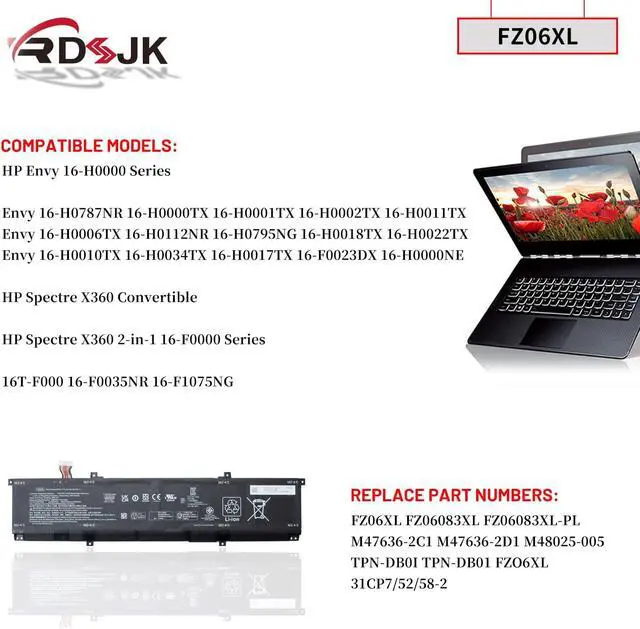 Alt view image 3 of 7 - FZ06XL Laptop Battery for HP Envy 16-H0000 16-H0787NR 16-H0000TX 16-H0112NR 16-H0795NG 16-H0034TX 16-F0023DX Spectre X360 2-in-1 16-F0000 16T-F000 16-F0035NR 16-F1075NG FZ06083XL M47636-2D1 M48025-005