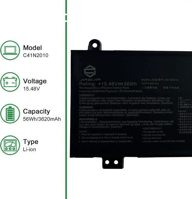 Alt view image 2 of 6 - C41N2010 Laptop Battery Replacement for Asus Rog Strix G15 G513IC G513IH G513QC G513QE G17 G713QE Series Notebook 15.48V 56Wh 3620mAh