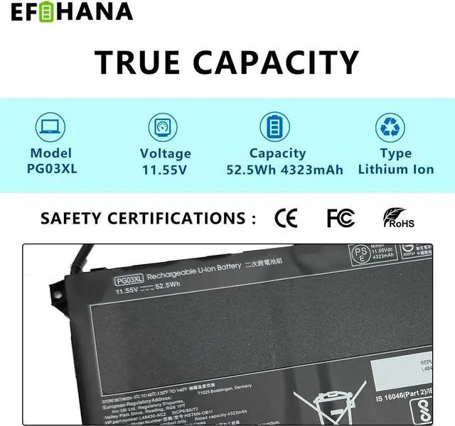 Alt view image 2 of 6 - PG03XL 52.5Wh L48495-005 Laptop Battery Replacement for HP Pavilion Gaming 15-DK 15-DK0125TX 15T-DK200 15-EC 15-EC0013DX 15Z-EC200 16-A0032DX Series HSTNN-OB1I L48430-2C1 PGO3XL 11.55V 4323mAh