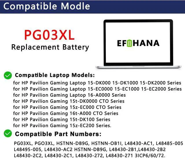 Alt view image 3 of 6 - PG03XL 52.5Wh L48495-005 Laptop Battery Replacement for HP Pavilion Gaming 15-DK 15-DK0125TX 15T-DK200 15-EC 15-EC0013DX 15Z-EC200 16-A0032DX Series HSTNN-OB1I L48430-2C1 PGO3XL 11.55V 4323mAh