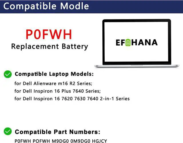 Alt view image 3 of 6 - P0FWH 90Wh Laptop Battery Replacement for Dell Alienware M16 R2 Inspiron 16 Plus 7640/16 7620 7630 7640 2-in-1 Series 0M9DG0 M9DG0 POFWH HGJCY 11.7V 7692mAh