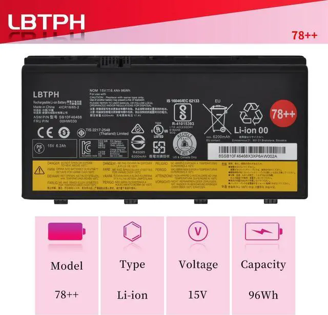 Alt view image 2 of 7 - 00HW030 15V 96Wh 6400mAh Battery Replacement for Lenovo ThinkPad P70 P71 Series SB10F46468 01AV451 4X50K14092 78+ 78++ 8 Cell