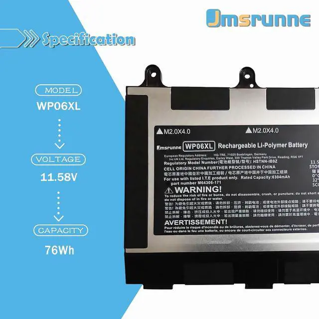 Alt view image 2 of 7 - 76Wh WP06XL Laptop Battery Compatible with HP EliteBook 860 865 G10 / 860 865 G9 / EliteBook 865 G11 / ZBook Firefly 16 G9 G10 Series M64306-1C1 M73470-005 HSTNN-IB9Z