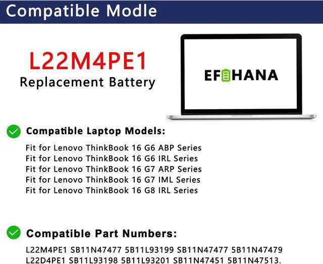 Alt view image 3 of 6 - L22M4PE1 71Wh Laptop Battery Replacement for Lenovo ThinkBook 16 G6 ABP G6 IRL G7 ARP G7 IML G8 IRL Series SB11N47477 5B11L93199 SB11N47477 5B11N47479 L22D4PE1 SB11L93198 5B11L93201 15.36V