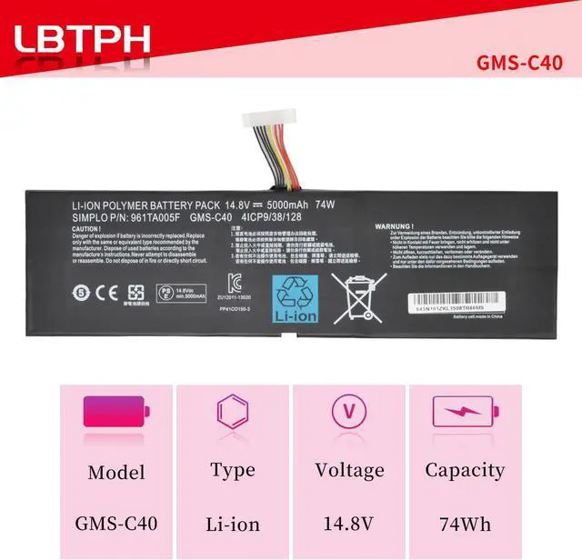 Alt view image 2 of 7 - GMS-C40 Compatible Laptop Battery Replacement for Razer Blade Pro 2013 2015 17 RZ09-0099 RZ09-00991101 RZ09-00991102 RZ09-0117 RZ09-01171E11 Series 961TA005F 4ICP9/38/128 14.8V 74Wh